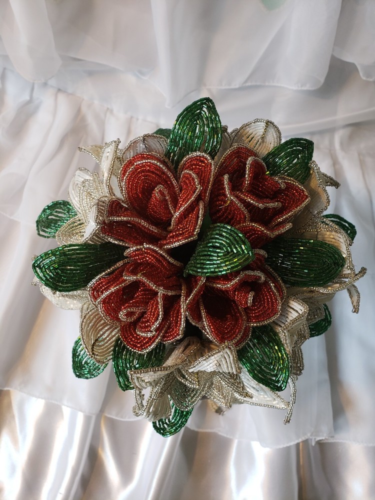 Beaded Flower Wedding Bridal Bouquet With Red White & Silver Handmade Flowers