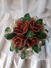Beaded Flower Wedding Bridal Bouquet With Red White & Silver Handmade Flowers
