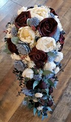 Burgundy Dusty Blue Sola Wood Bridal Bouquet Artificial Cascade Wedding Flowers