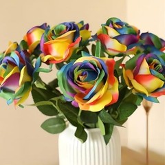 12 PCS Artificial Flowers Rainbow Roses Silk Flowers Fake Long Stem Colorful