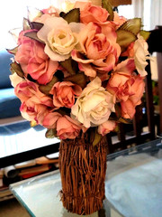 Rose Flower Bouquet Victorian Antique Style Rustic Wood Twig Vase Handcrafted
