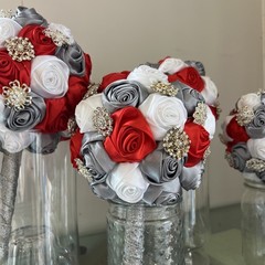1 Bride Bouquet 8” Satin Rose 5 Bridesmaid 7” Brooch Silk Flower Rhinestone