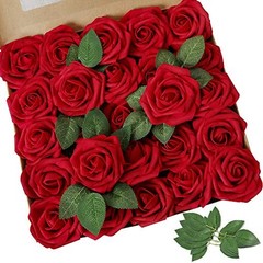 Artificial Flowers Rose Real Looking Fake Roses w/Stem for DIY 50pcs Dark Red