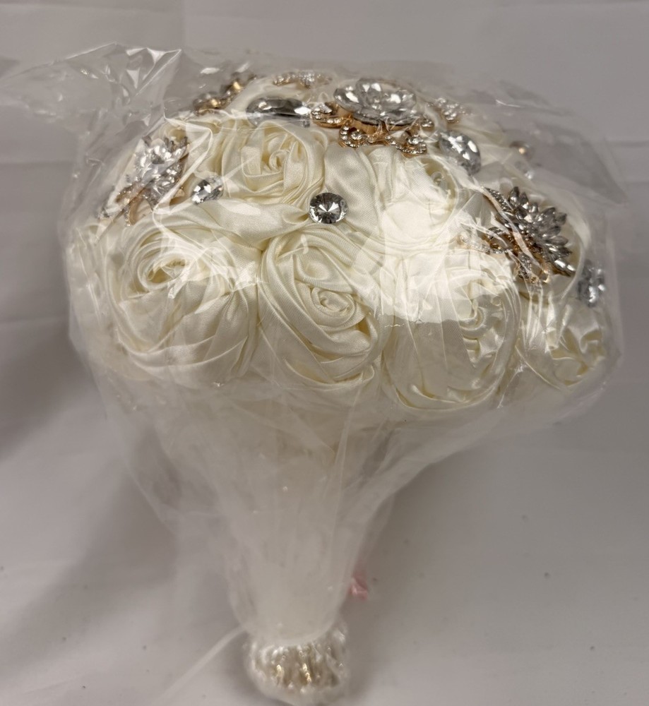 Handmade Ivory Silk Rose Bridal Bouquet 8.7” w/Rhinestones | Brand New Sealed