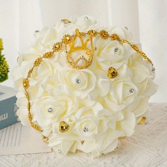 Real Touch Wedding Bouquet White Roses Crystal Bling Handle Silk Bridal Flowers