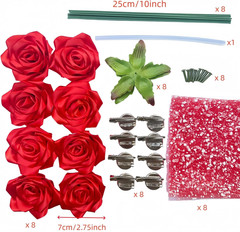8 Head Premade Satin Rose DIY Set -Forever Flower Complete Kit Assembly Multi Us