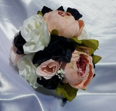 19 Pc Wedding Bouquet Pkg, Ivory, Navy Blue Roses, Blush Peony, Navy & Pink