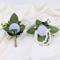 2Pcs Black Rose Corsage and Men Boutonniere Set, Wrist Band Bracelets, for Weddi