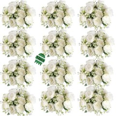 White Artificial Flowers Bouquet – 12 Bundles – Lifelike Silk Fake Peonies