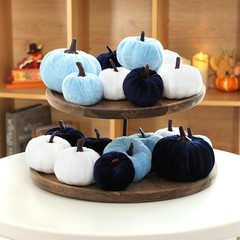 Lonfliness 18Pcs Fall Velvet Pumpkin Harvest Decoration Assorted Faux Blue