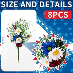 8 Pcs Red White and Blue Artificial Flowers 4th of July Patriotic