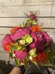 wedding bouquet bridal artificial silk flowers, Mauve, orange and green.