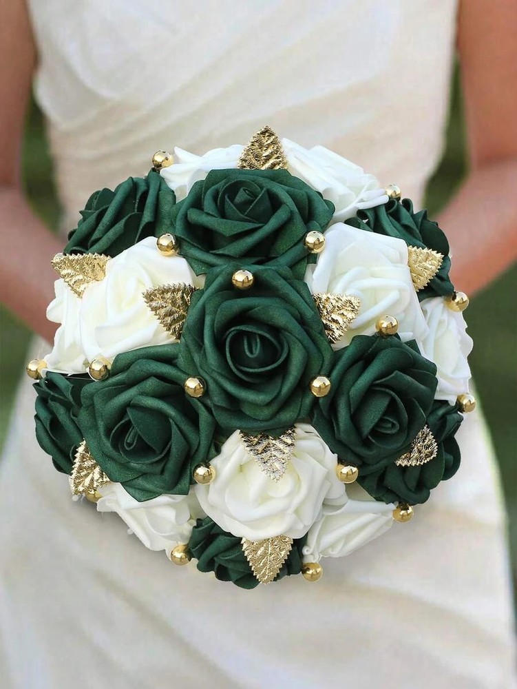 Dark Green Roses Golden Pearl Wedding Bridal Bridesmaids Artificial Bouquet