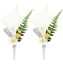 2PCS Candid Lily Boutonniere for Men Wedding Bridegroom & Best Men White Flowers