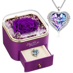 Preserved Real Purple Rose with Angle Wings Necklace, Forever Small, 1-purple