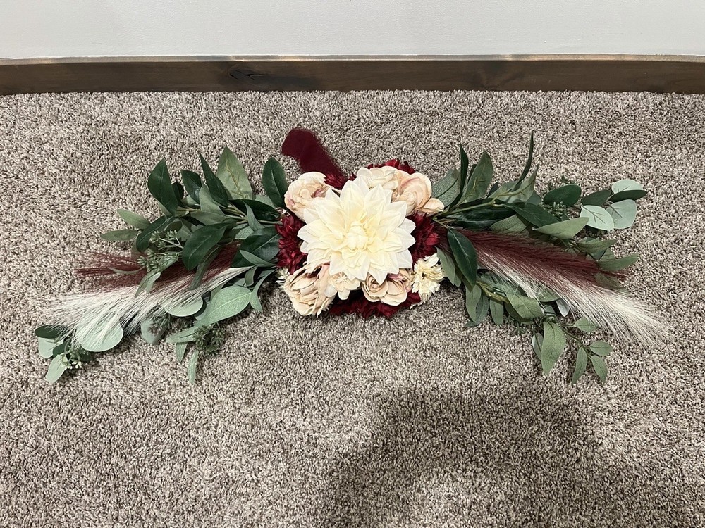 burgundy and cream mixed greenery florals Wedding swag pampas grass 35“ long