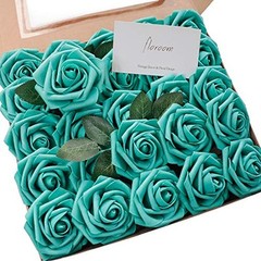 Artificial Flowers 50pcs Real Looking Foam Fake Roses with 50Pcs Teal Green