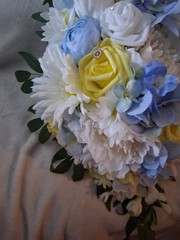 Bouquet and Boutonniere, Yellow, Light Blue, White,Bling, 2pc set