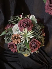 Burgundy And Emerald Green Hand tied Bouquet With Matching Boutonnière.