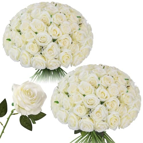 50pcs Roses Artificial Flowers Bulk,Realistic Long Stem Fake Silk Off White-50
