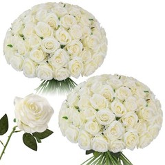 50pcs Roses Artificial Flowers Bulk,Realistic Long Stem Fake Silk Off White-50