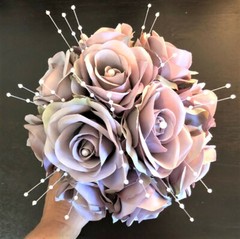 Pale Lavender Faux Flower Blooming Roses Bridal Bouquet Vintage Rhinestone/Pearl