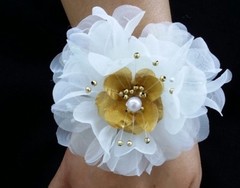 Wedding White Gold Flower Wrist Corsage, Prom, Homecoming, Military Ball,Boda,