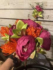 wedding bouquet bridal artificial silk flowers, Mauve, orange and green.