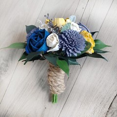 Blue Gold Bridal Bouquet Cascade Sola Wood Denim Navy Blue Wedding Decor Flowers