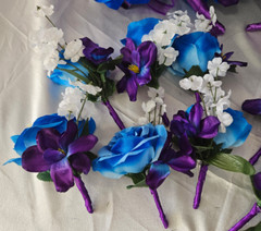 Wedding Bouquet Set, Purple, Blue, White, Roses, Orchids, 17 Piece Wedding Pkg