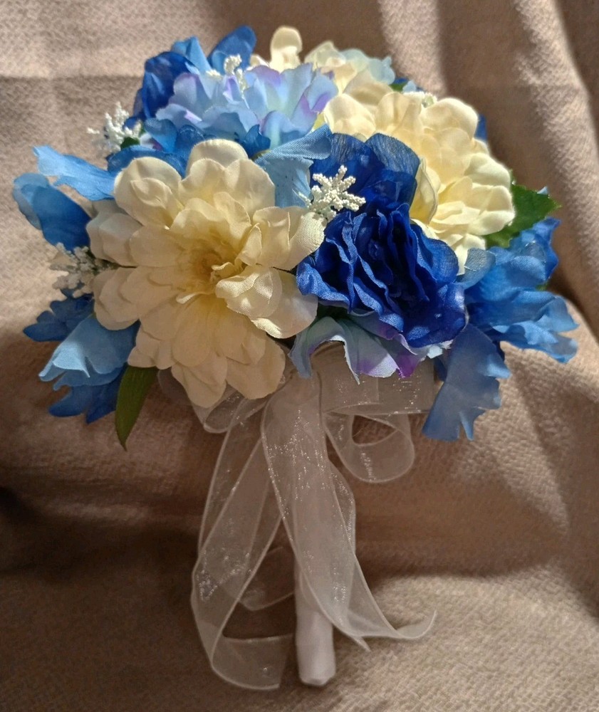 NEW Artificial Asst Blues/Off White Flowers Bride Wedding Round Clutch Bouquet
