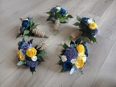 Blue Gold Bridal Bouquet Cascade Sola Wood Denim Navy Blue Wedding Decor Flowers
