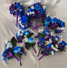 Wedding Bouquet Set, Purple, Blue, White, Roses, Orchids, 17 Piece Wedding Pkg