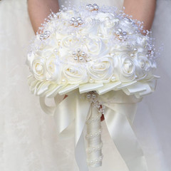 Ivory Handmade Bridal Bouquet with Rhinestones & Satin Roses – 8.7 In