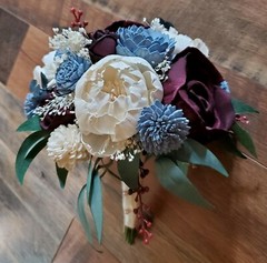 Burgundy Dusty Blue Sola Wood Bridal Bouquet Artificial Cascade Wedding Flowers
