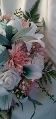 Pink, Mint Green, White Bouquet and Boutonniere, Wedding 2pc Set