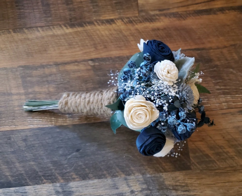 Dusty Blue Navy Bridal Bouquet Sola Wood Flower Artificial Bridesmaid Wedding