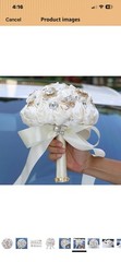 Hmplimue Handmade Ivory Silk Rose Bridal Bouquet 7.5” w/Rhinestones