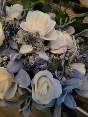 Steel Blue Wedding Bouquet, Dusty Blue, Ivory, Silk Roses, Men’s Boutonniere 