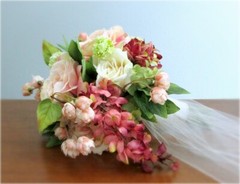 Silk Flower Cascade BRIDAL BOUQUET Pink Mauve Roses Dahlia Wisteria Eucalyptus