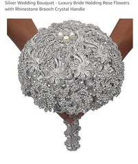 Silver Wedding Bouquet – Luxury Bride Holding Rose Flowers with Rhinestone Brooc