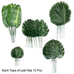 60 Pieces 5 Kindsrtificial Palm Leaves with Faux Stem, Tropical Party A