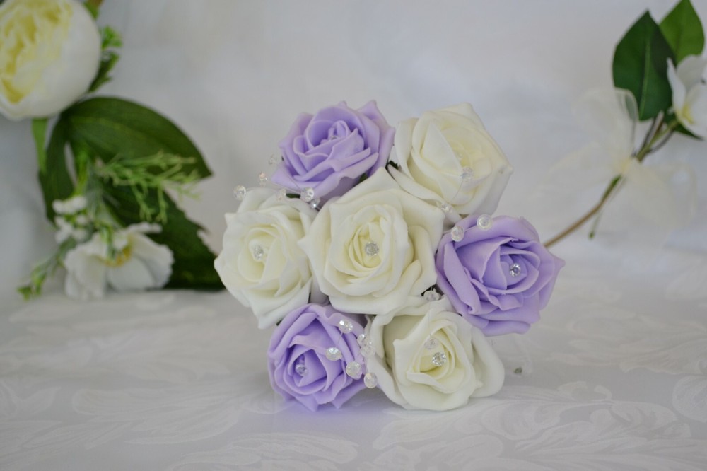 Wedding bouquet posy flowers in LILAC. Flower girl wand, grooms buttonhole