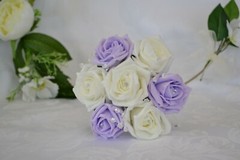 Wedding bouquet posy flowers in LILAC. Flower girl wand, grooms buttonhole