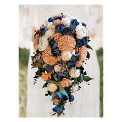 Orange Peach Navy Blue Bridal Bouquet Sola Wood Cascading Fall Wedding Flowers