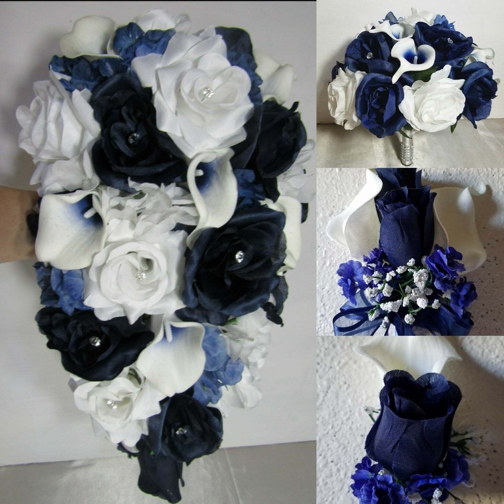 Navy Blue White Rose Calla Lily Bridal Wedding Bouquet Accessories