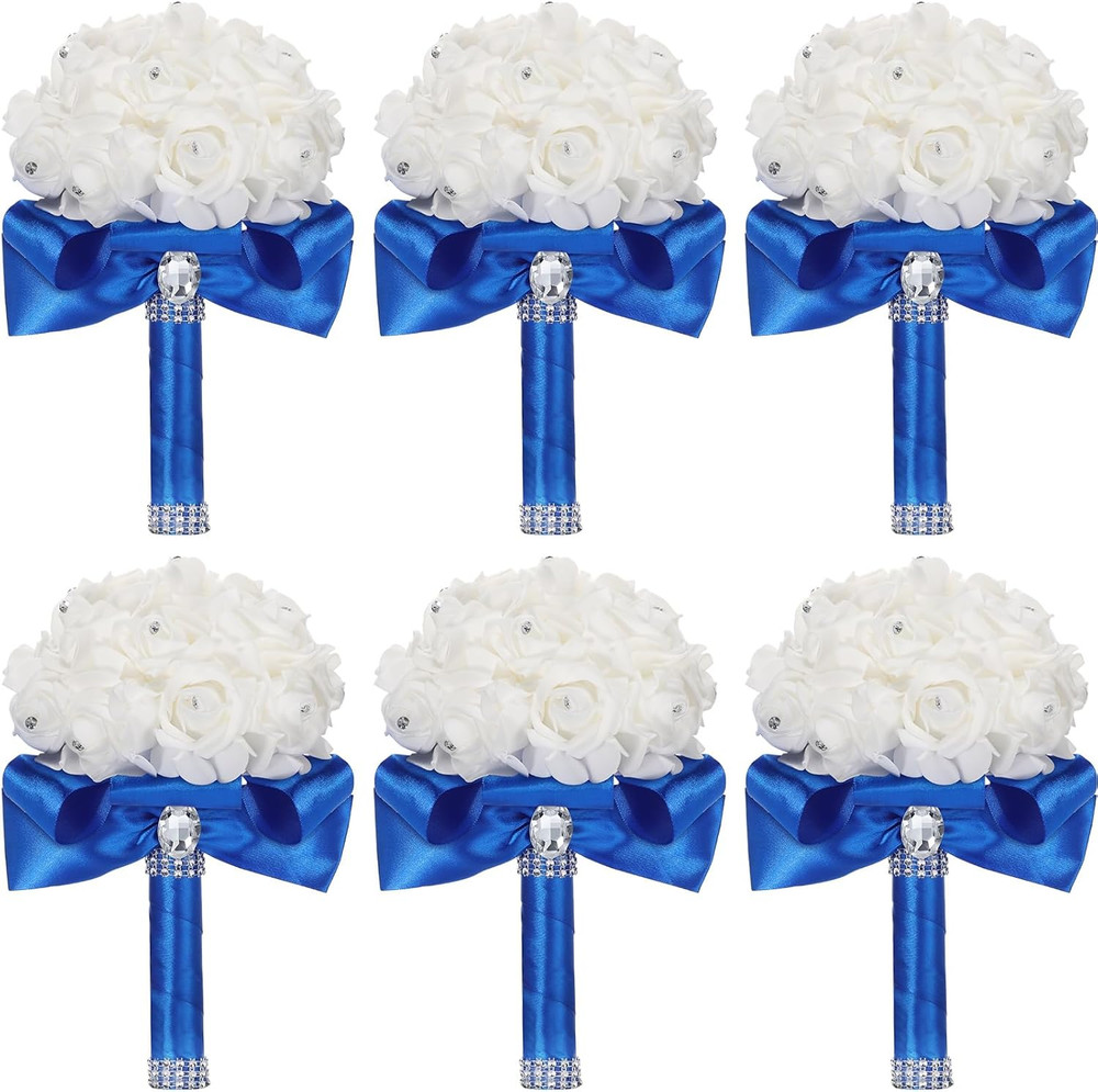 Royal Blue Wedding Bouquet Set – 6 Pack with Diamonds & Ribbons for Bride & Brid