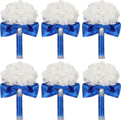 Royal Blue Wedding Bouquet Set – 6 Pack with Diamonds & Ribbons for Bride & Brid