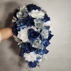 Navy Blue Silver White Rose Bridal Wedding Bouquet Accessories