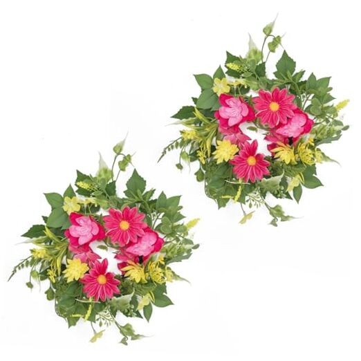 2 Pcs Mini Spring Floral Candle Rings Wreaths for Fuchsia Pink & Yellow